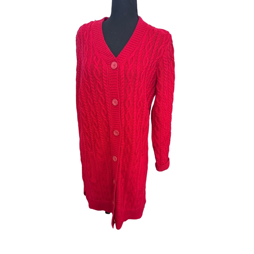 Denim & Co. Medium Red Longline Knit Cardigan Sweater Cable Knit V Neck